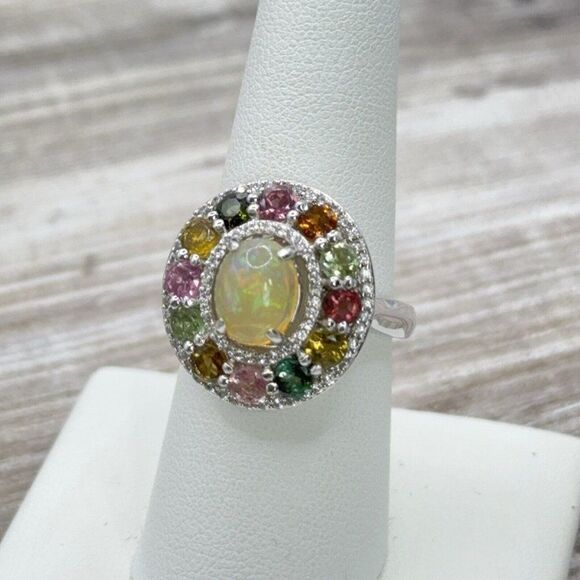 Welo Opal Ring W/ Multicolored Tourmaline Gemstones Zircon Halo Sterling Sz 7.75 - Picture 4 of 9